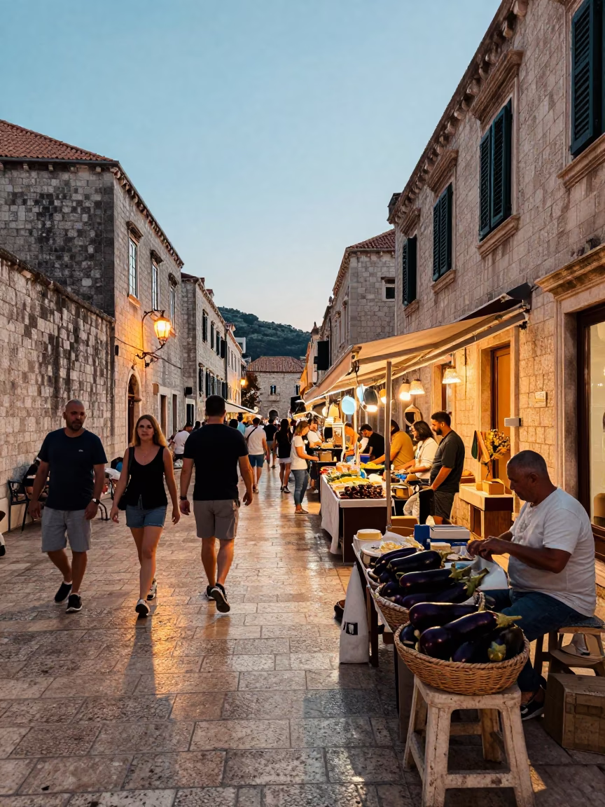 Evening Street Scene in Dubrovnik Croatia with Tourists and Local Commerce in in Dubrovnik, Croatia