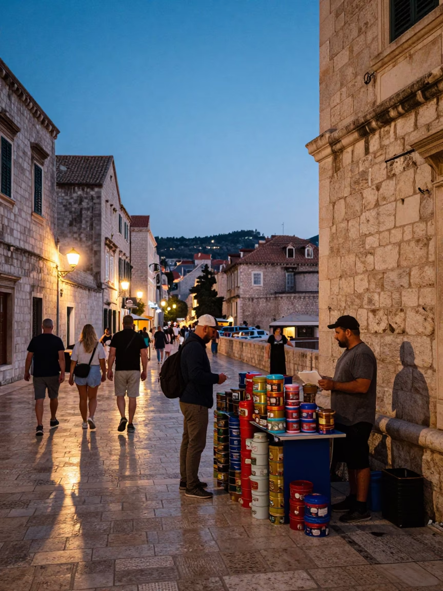 Evening Street Scene in Dubrovnik Croatia with Tourists and Local Vendor in in Dubrovnik, Croatia