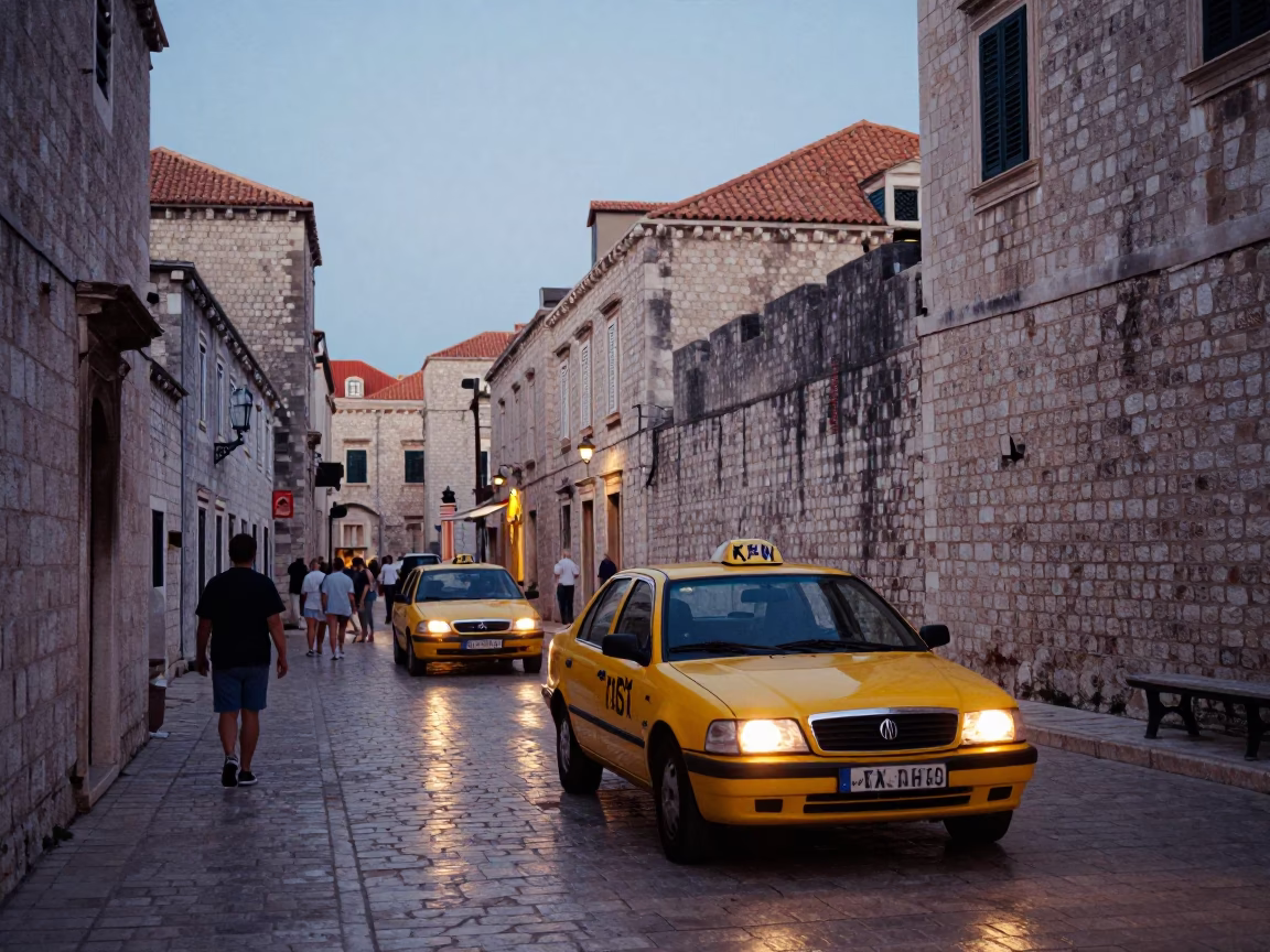 Evening Street Scene in Dubrovnik Croatia with Yellow Taxi and Old Stone Architecture in in Dubrovnik, Croatia