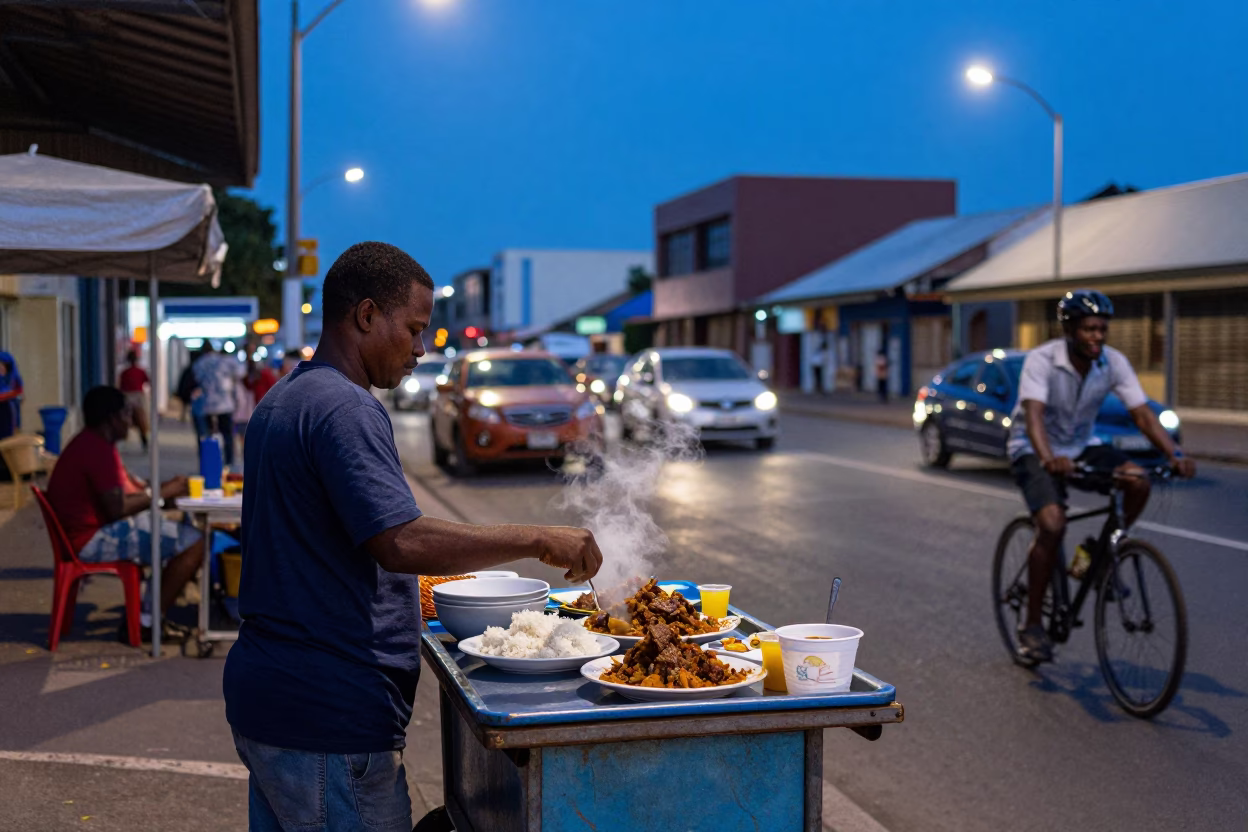 Evening Street Scene in Durban South Africa with Local Food and Cyclist in in Durban, South Africa