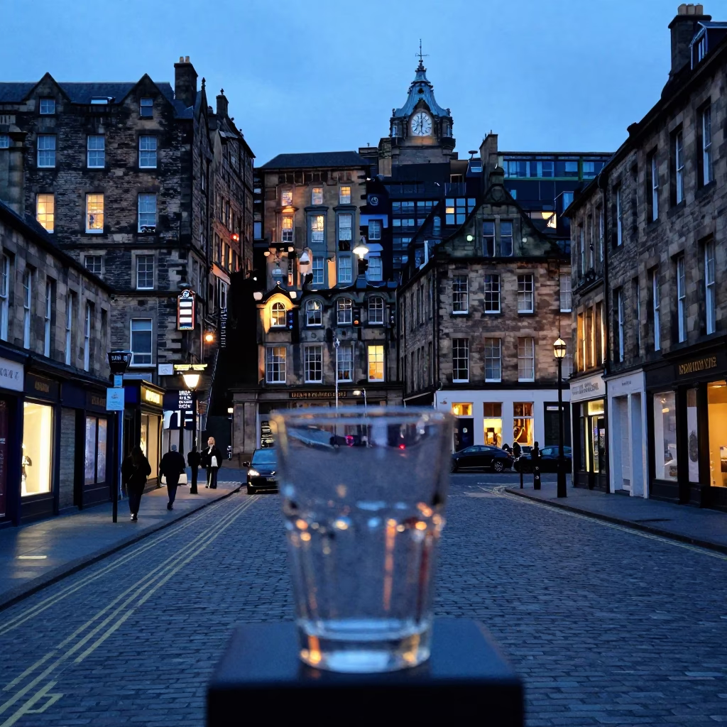 Evening Street Scene in Edinburgh Scotland with Glass Cup and Urban Architecture in in Edinburgh, United Kingdom