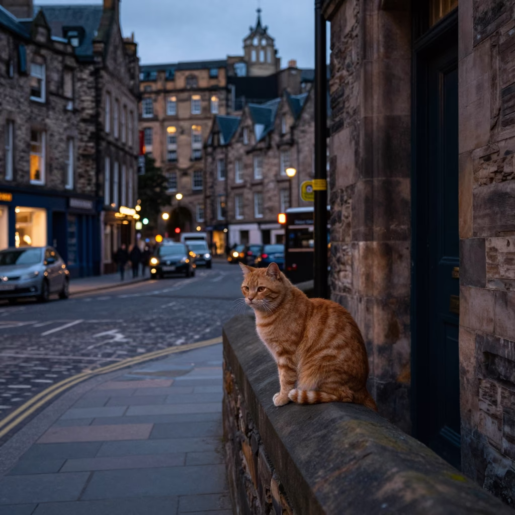 Evening Street Scene in Edinburgh Scotland with Orange Cat and Ivy Vines in in Edinburgh, United Kingdom