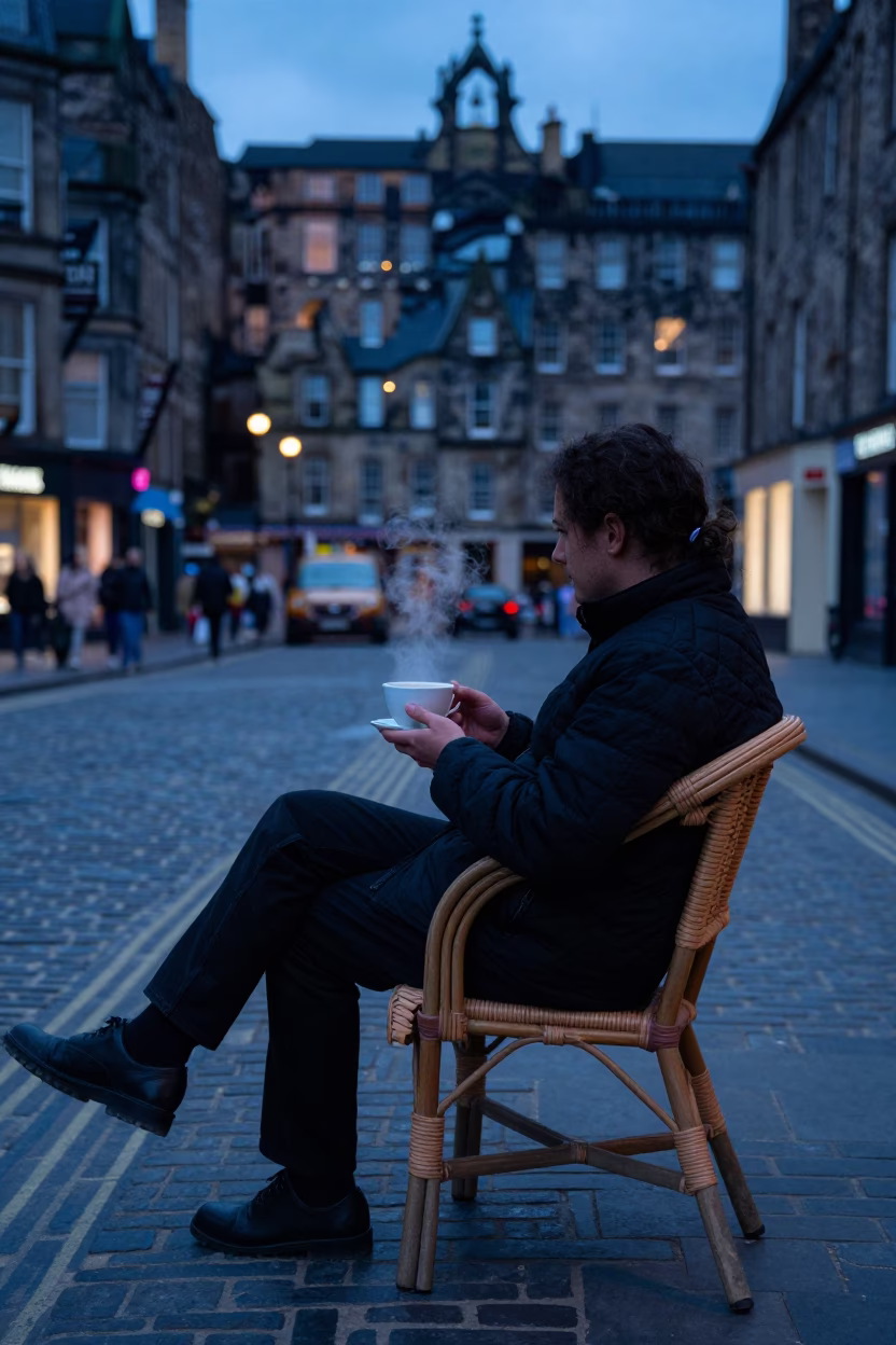 Evening Street Scene in Edinburgh Scotland with Rattan Chair and Steaming Tea in in Edinburgh, United Kingdom