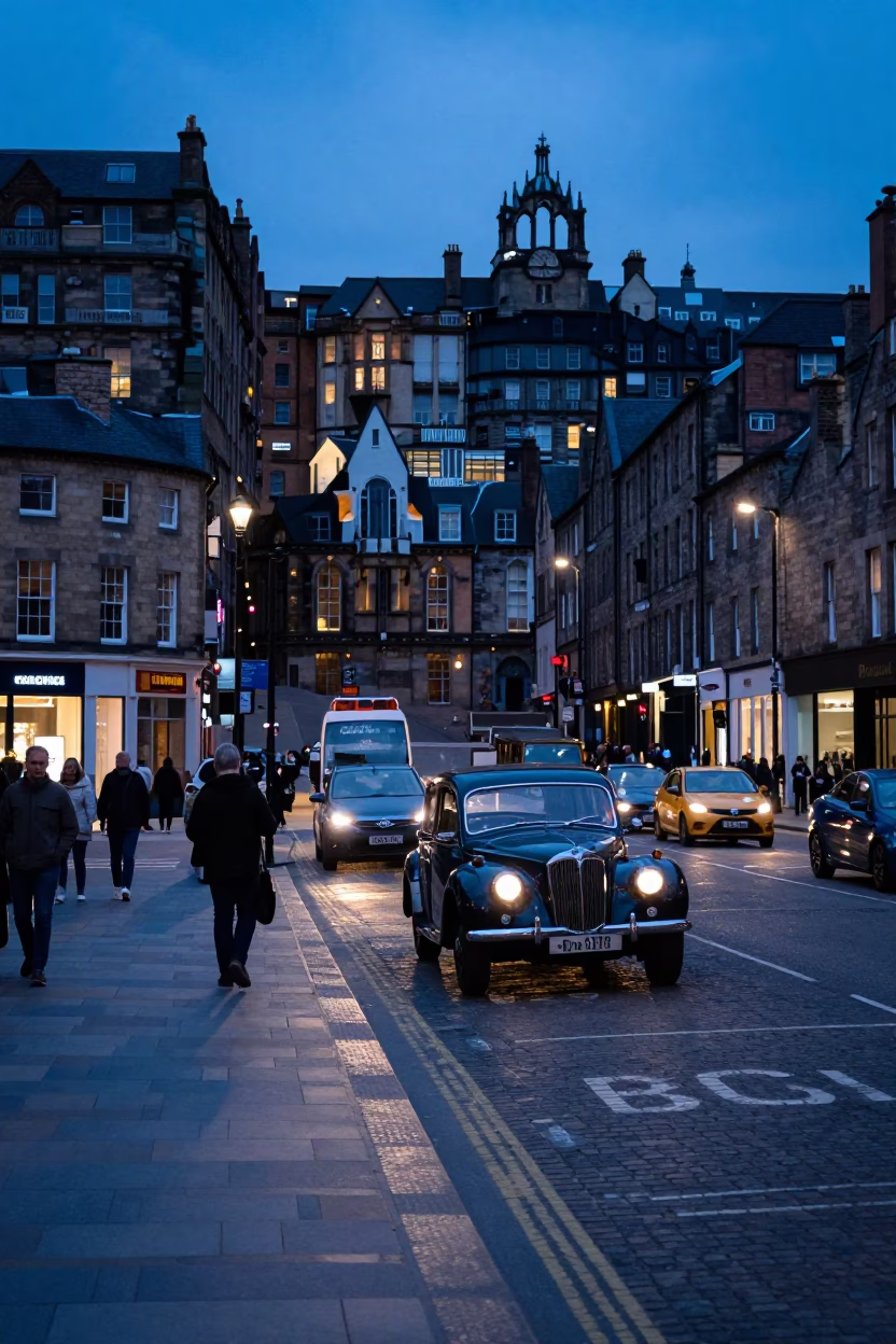 Evening Street Scene in Edinburgh Scotland with Vintage Cars and Pedestrians in in Edinburgh, United Kingdom