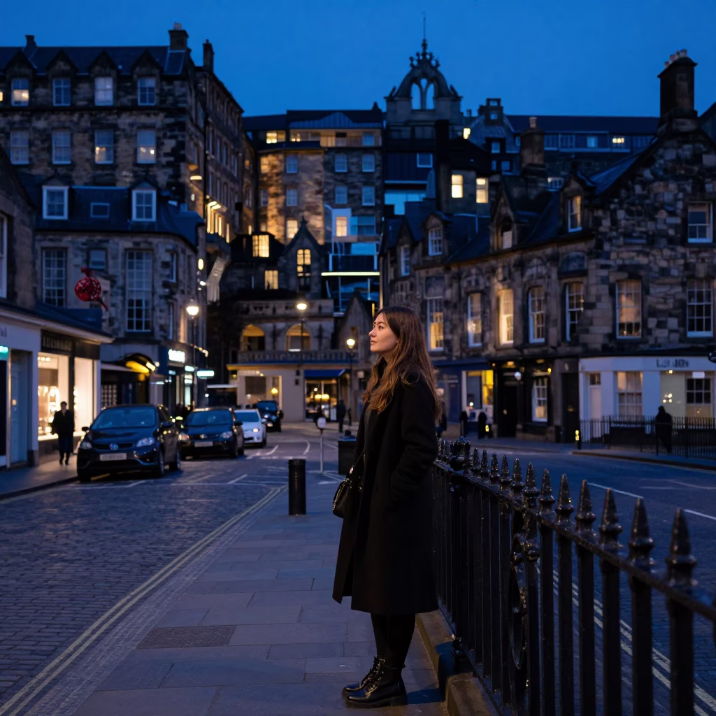 Evening Street Scene in Edinburgh UK with Pomegranate and Night Light in in Edinburgh, United Kingdom