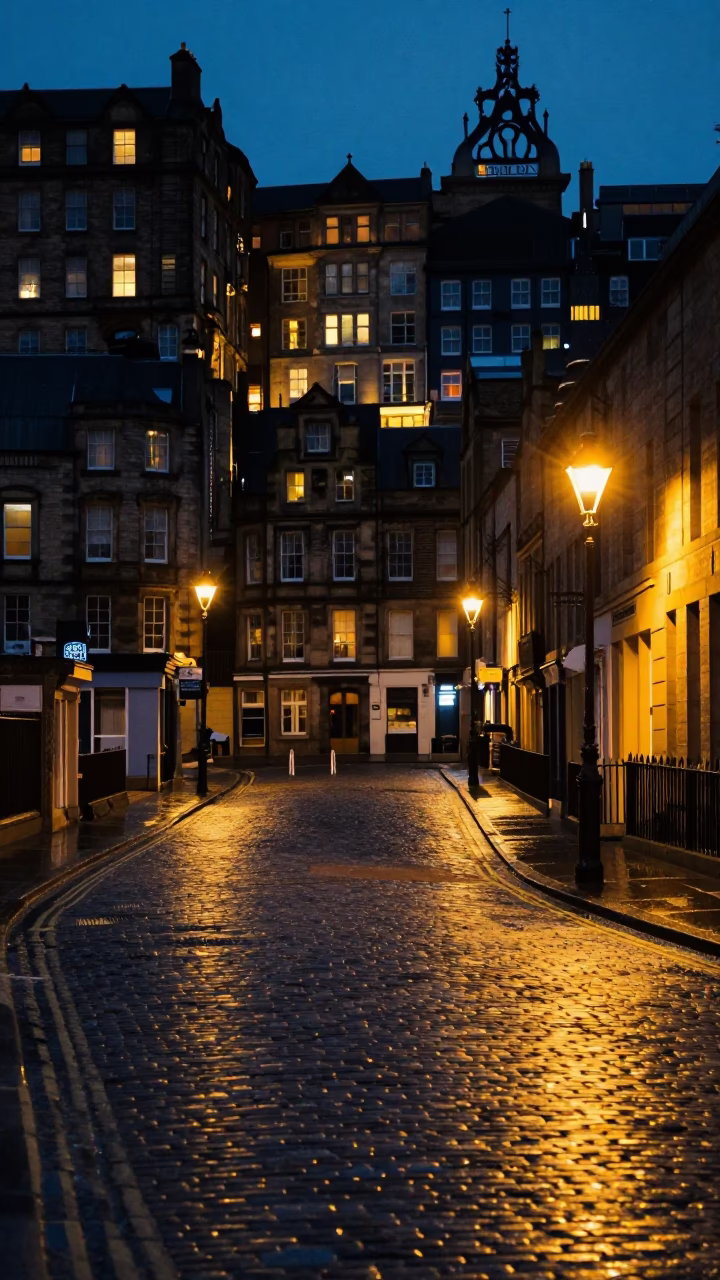 Evening street scene in Edinburgh with glowing city lights and historic stone architecture in in Edinburgh, United Kingdom