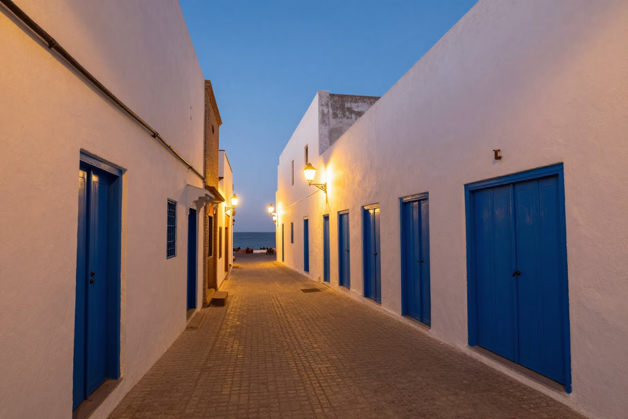 Evening Street Scene in Essaouira Morocco with Blue Doors and Coastal Glow in in Essaouira, Morocco
