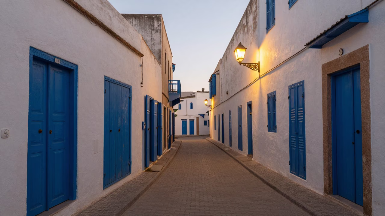 Evening Street Scene in Essaouira Morocco with Blue Doors and Lantern Light in in Essaouira, Morocco