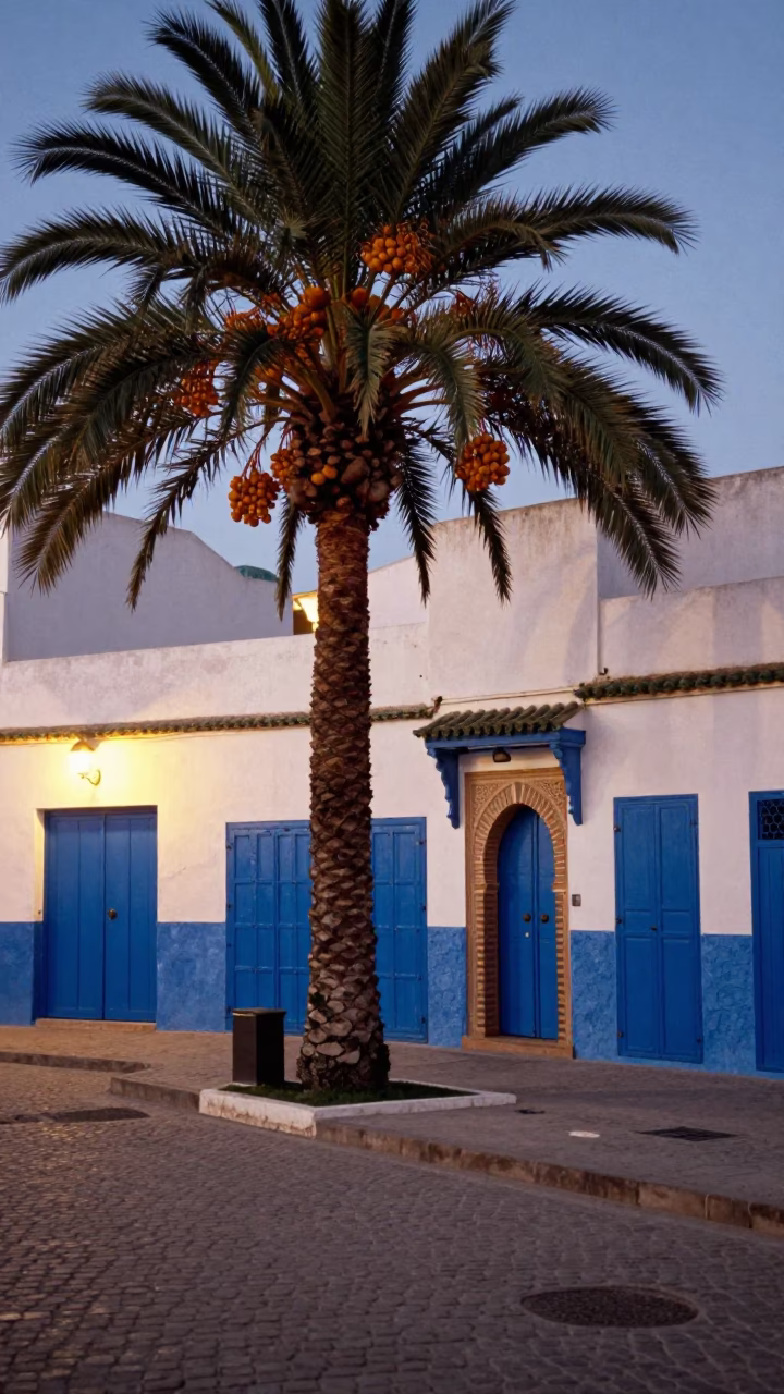 Evening street scene in Essaouira Morocco with blue doors and palm trees at dusk in in Essaouira, Morocco