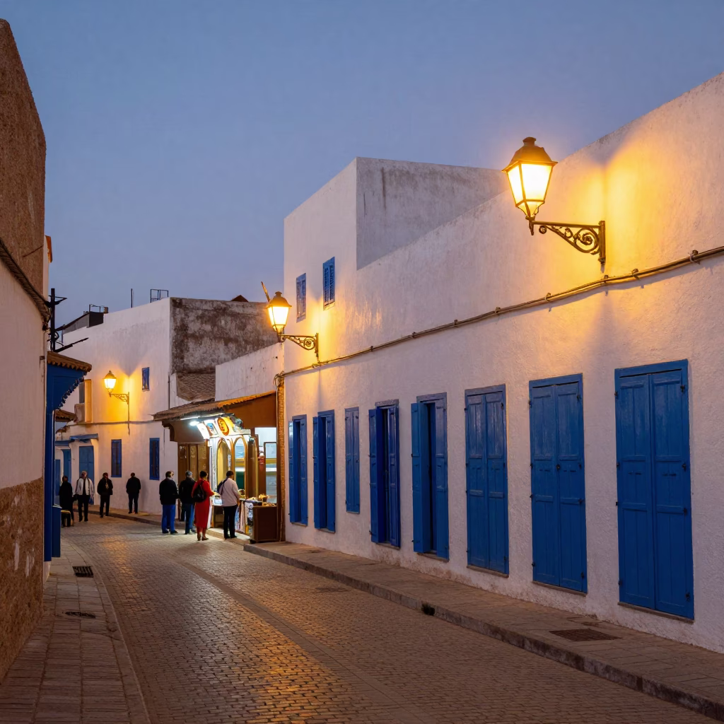 Evening Street Scene in Essaouira Morocco with Blue Shutters and City Lights in in Essaouira, Morocco