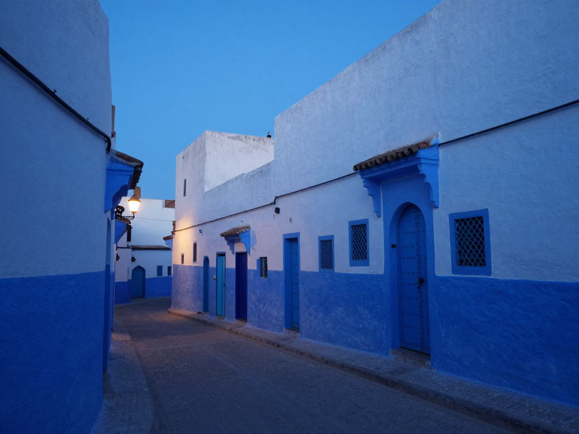 Evening Street Scene in Essaouira Morocco with Blue Twilight Light and Local Market Items in in Essaouira, Morocco