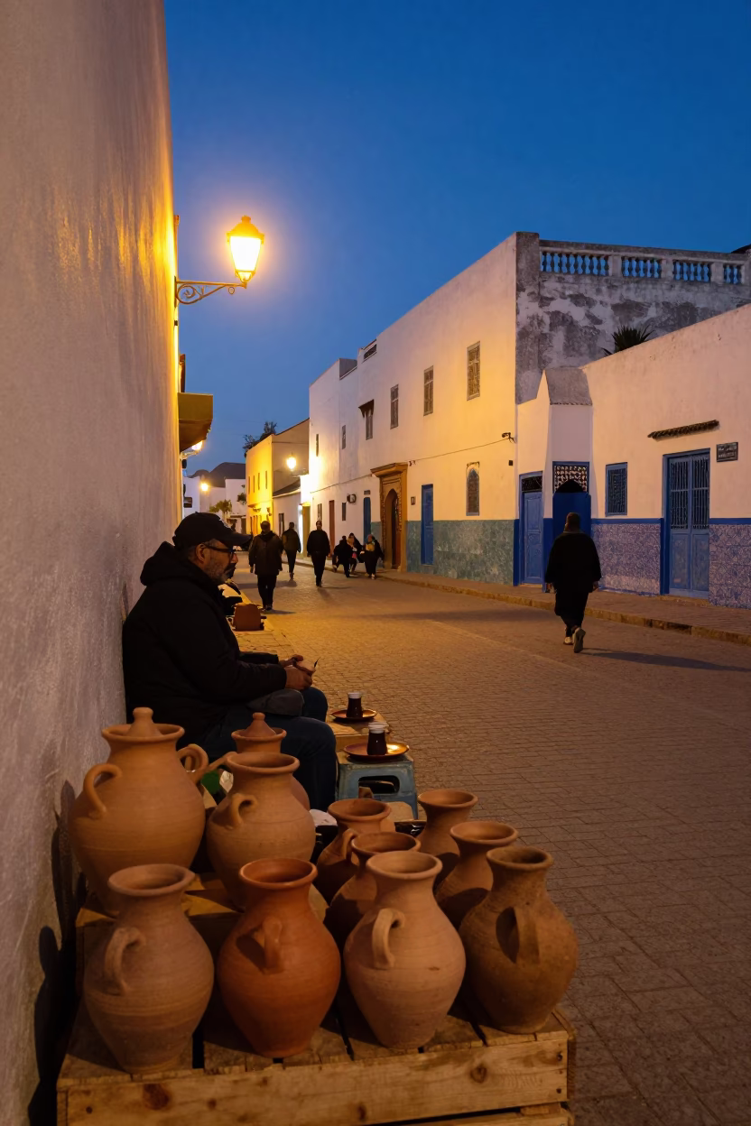 Evening Street Scene in Essaouira Morocco with Clay Pots and Tea Towels in in Essaouira, Morocco