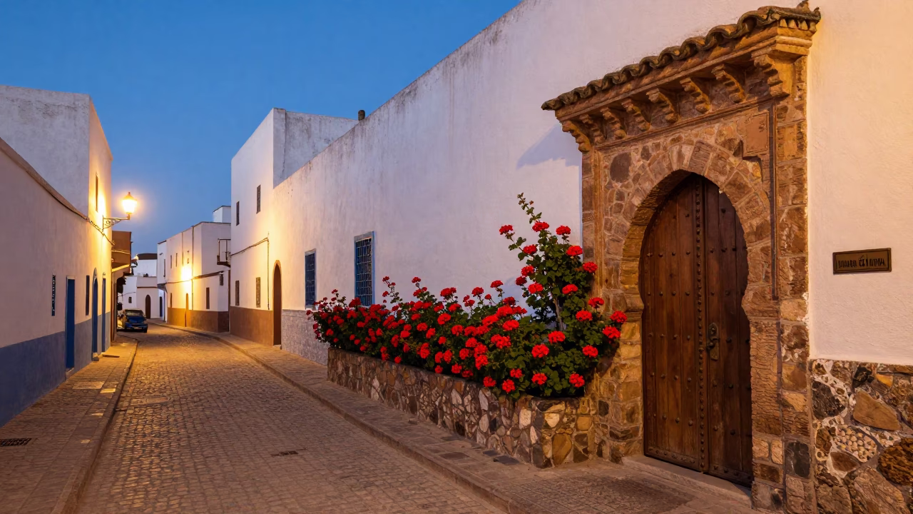 Evening Street Scene in Essaouira Morocco with Geraniums and City Lights in in Essaouira, Morocco