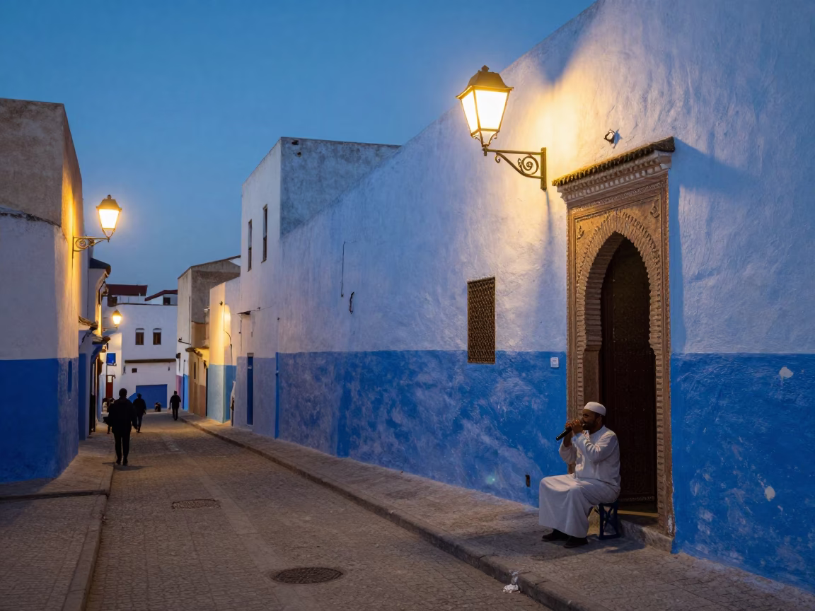 Evening Street Scene in Essaouira Morocco with Harmonica Player and City Lights in in Essaouira, Morocco