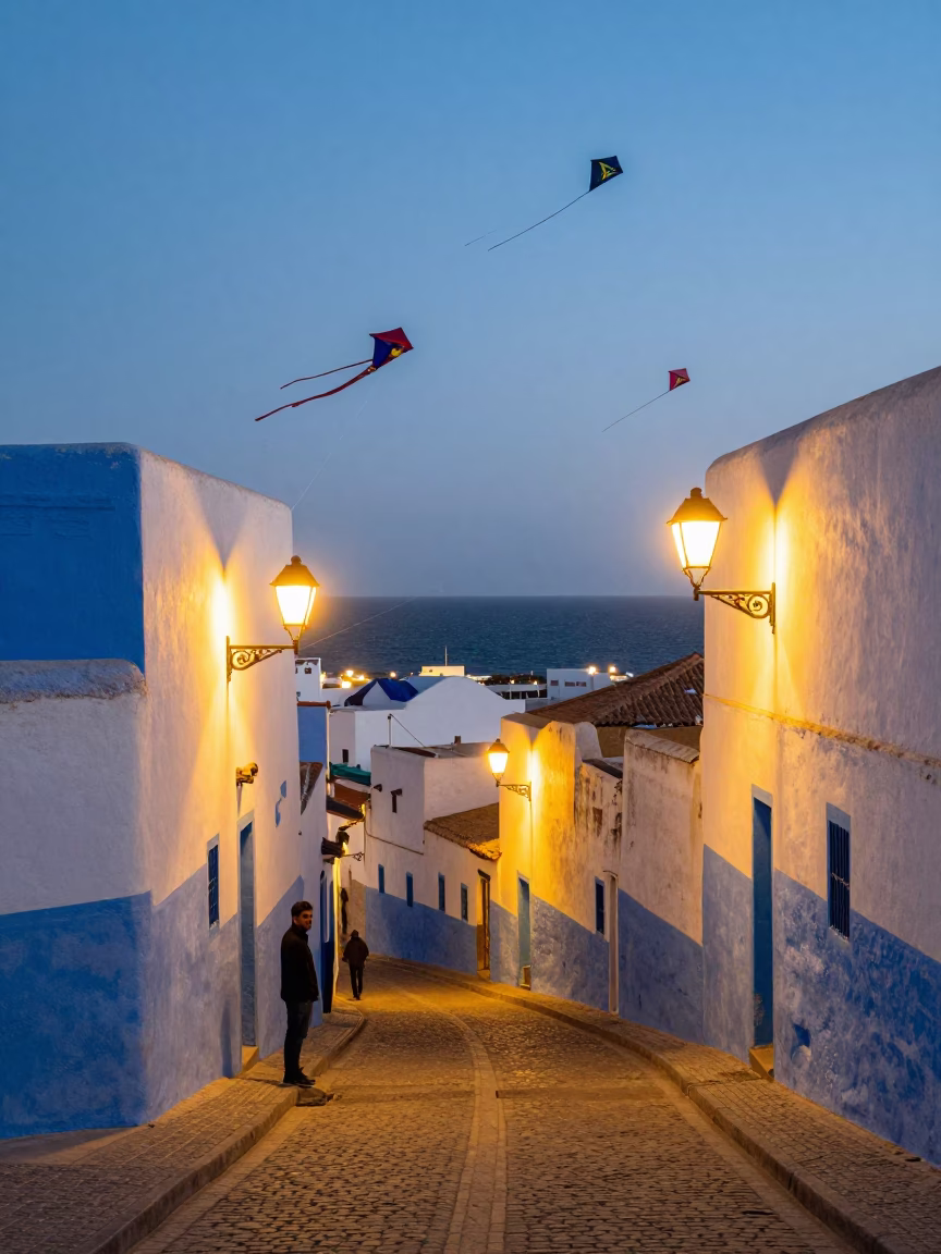 Evening Street Scene in Essaouira Morocco with Kites and Coastal Wind in in Essaouira, Morocco