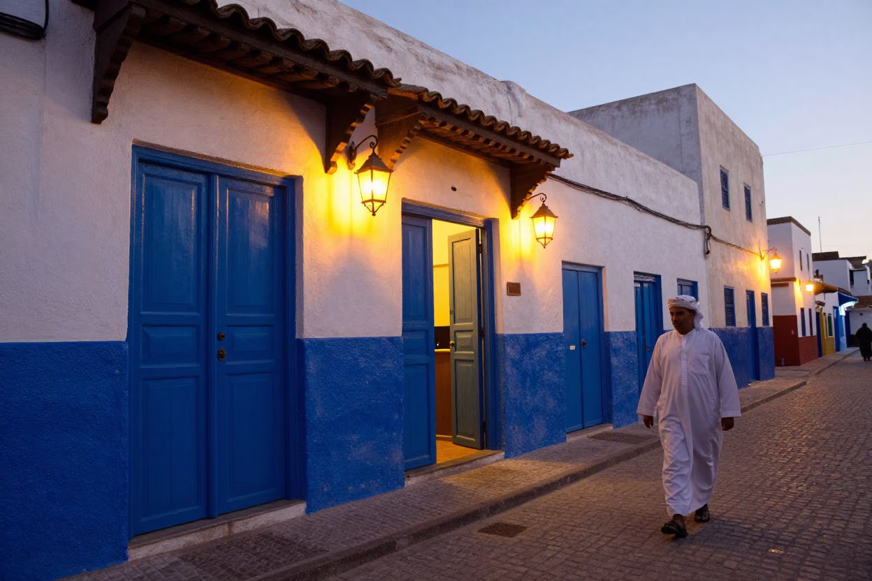 Evening Street Scene in Essaouira Morocco with Lanterns and Blue Doors in in Essaouira, Morocco