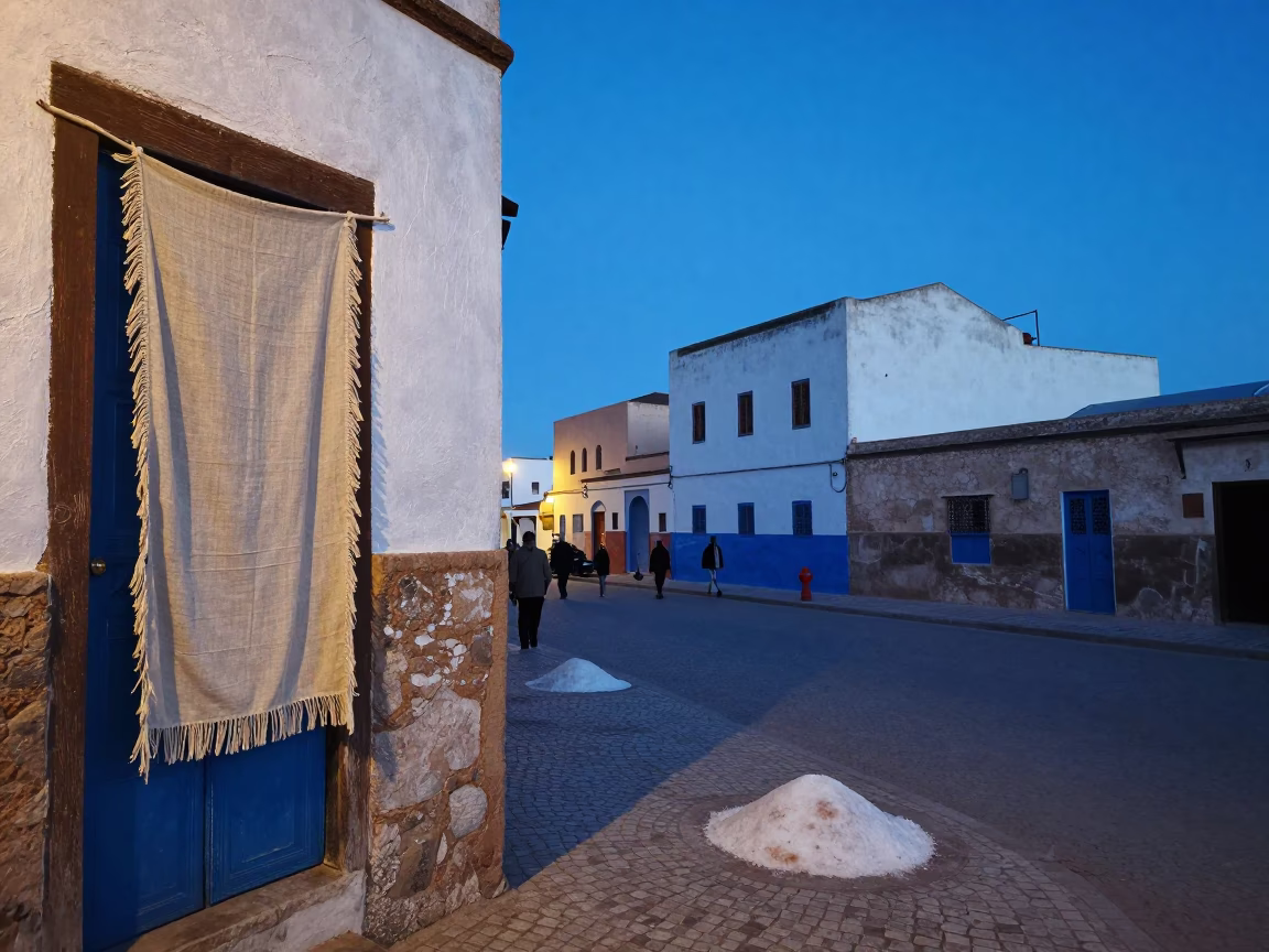 Evening Street Scene in Essaouira Morocco with Linen Fringe and Salt Shaker Detail in in Essaouira, Morocco