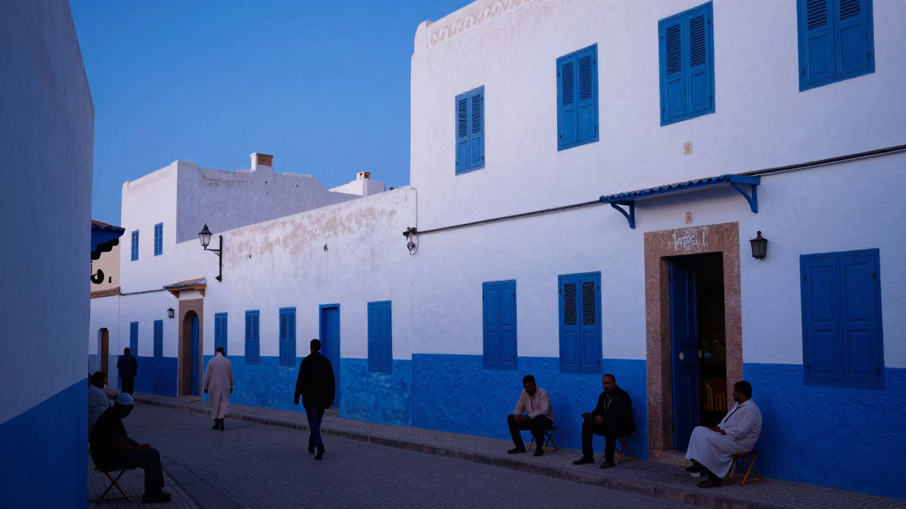 Evening street scene in Essaouira Morocco with locals and traditional architecture in in Essaouira, Morocco