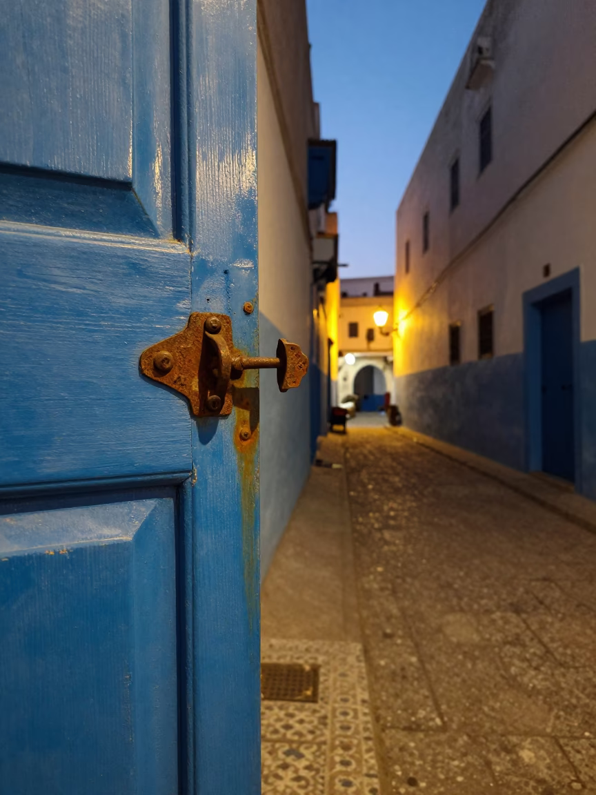 Evening Street Scene in Essaouira Morocco with Rusty Cabinet Latch and Sweet Pea Trellis in in Essaouira, Morocco