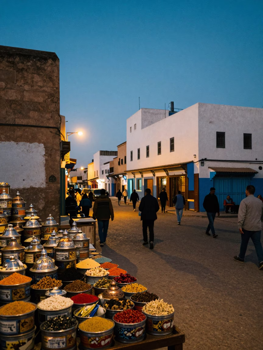 Evening Street Scene in Essaouira Morocco with Spice Tins and Traditional Pottery in in Essaouira, Morocco