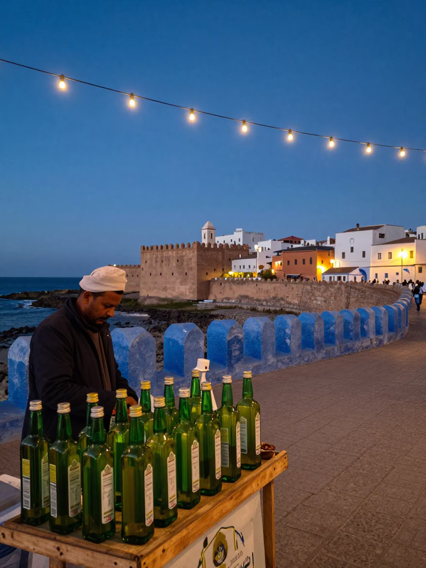 Evening Street Scene in Essaouira Morocco with String Lights and Coastal Architecture in in Essaouira, Morocco