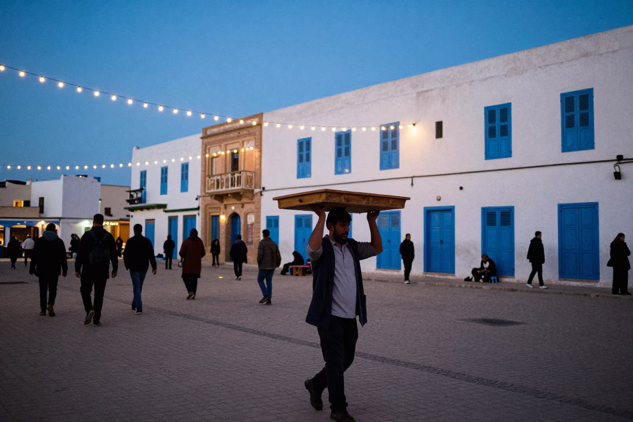 Evening street scene in Essaouira Morocco with string lights and traditional architecture in in Essaouira, Morocco