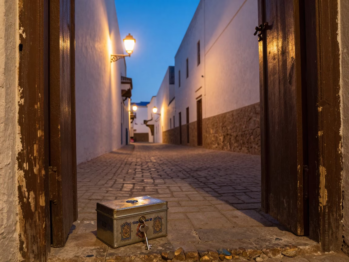 Evening Street Scene in Essaouira Morocco with Tin Box and Key Bowl in in Essaouira, Morocco