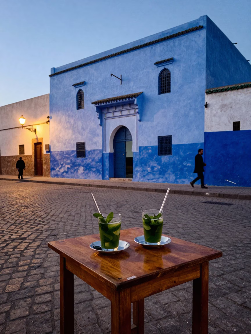 Evening street scene in Essaouira Morocco with traditional mint tea service in in Essaouira, Morocco