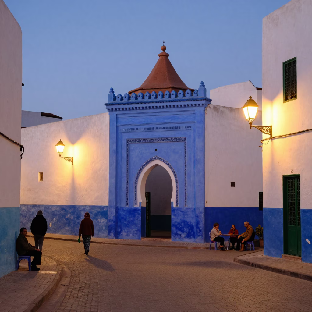 Evening street scene in Essaouira Morocco with traditional tagine and family gathering in in Essaouira, Morocco
