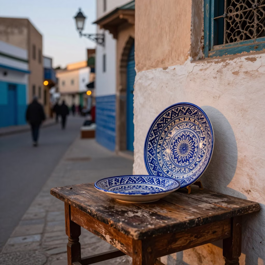 Evening Street Scene in Essaouira Morocco with Vintage Majolica Plate and Bread Knife in in Essaouira, Morocco