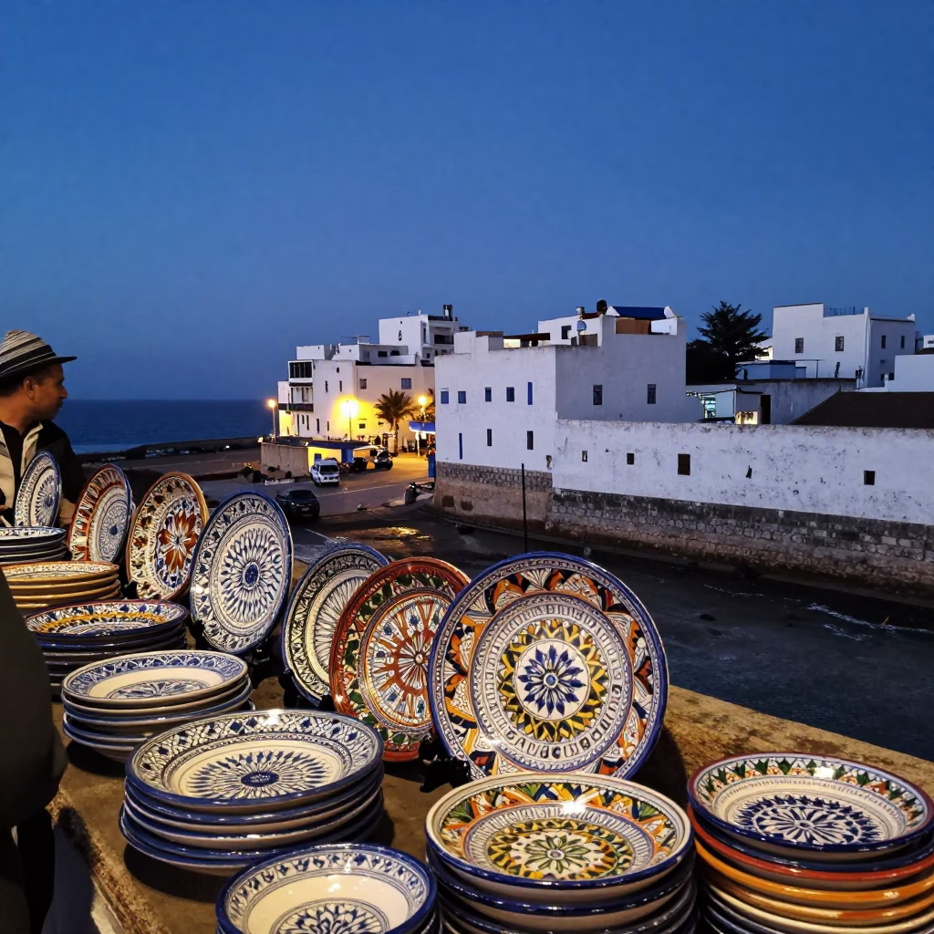 Evening Street Scene in Essaouira Morocco with Vintage Majolica Plate and Local Market Activity in in Essaouira, Morocco
