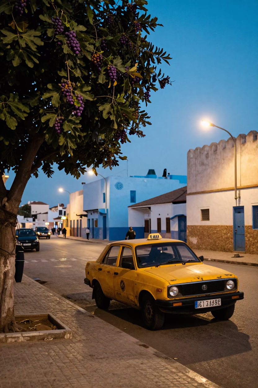 Evening Street Scene in Essaouira Morocco with Vintage Yellow Taxi and Fig Tree in in Essaouira, Morocco