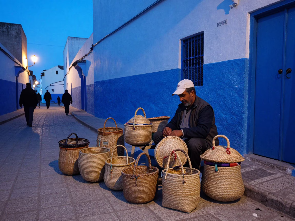 Evening Street Scene in Essaouira Morocco with Woven Baskets and Blue Light in in Essaouira, Morocco