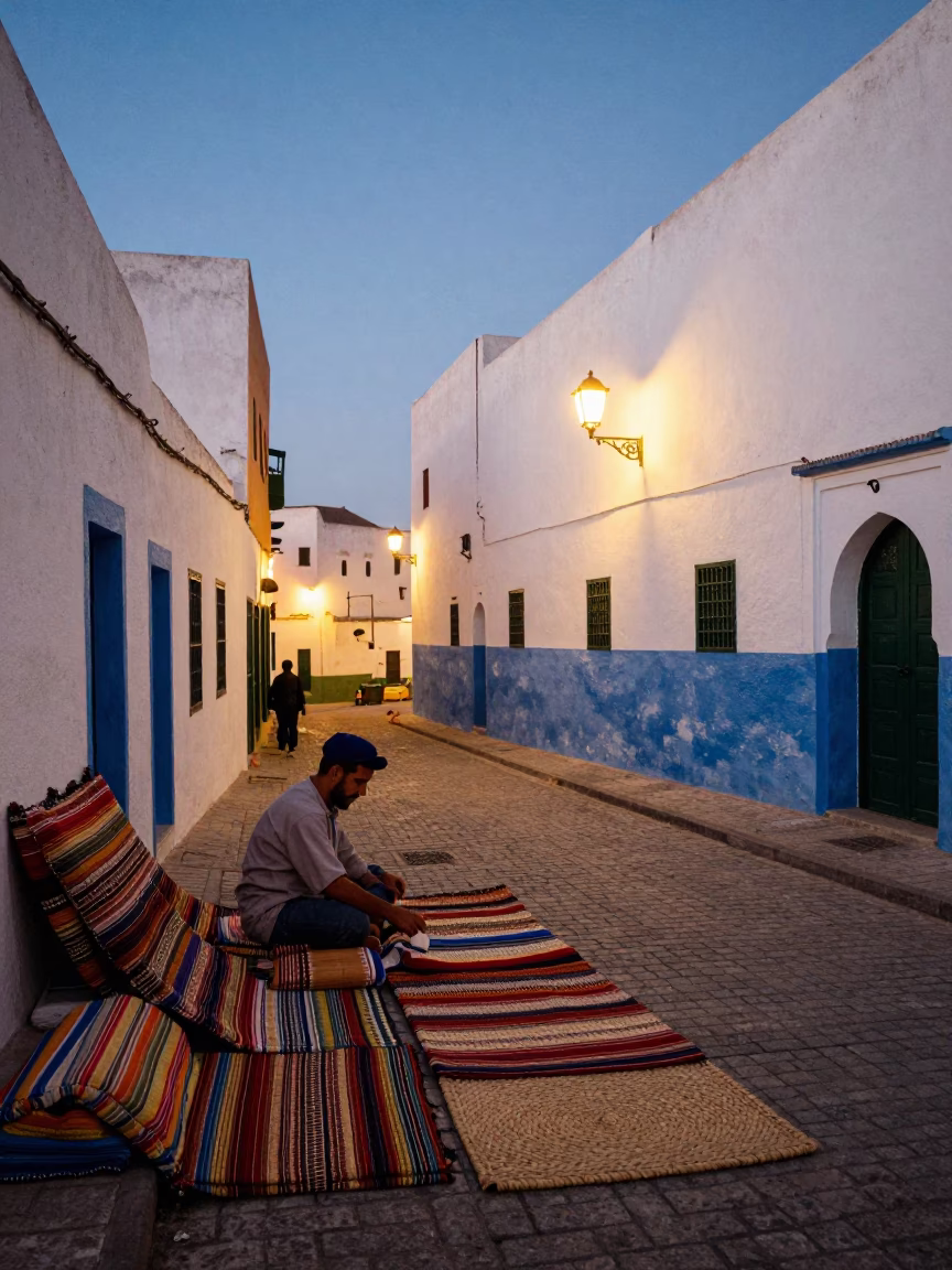 Evening street scene in Essaouira Morocco with woven mats and traditional tea service in in Essaouira, Morocco