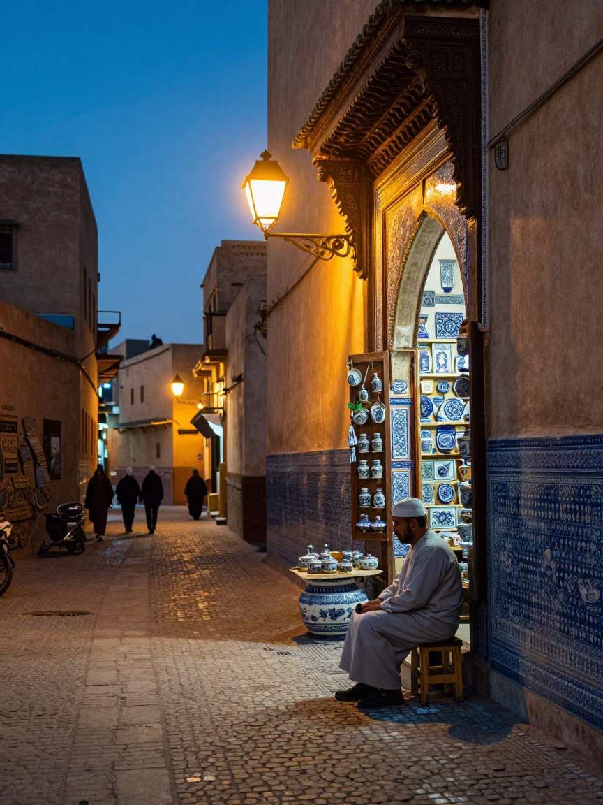 Evening street scene in Fez Morocco with blue and white porcelain plate in in Fez, Morocco