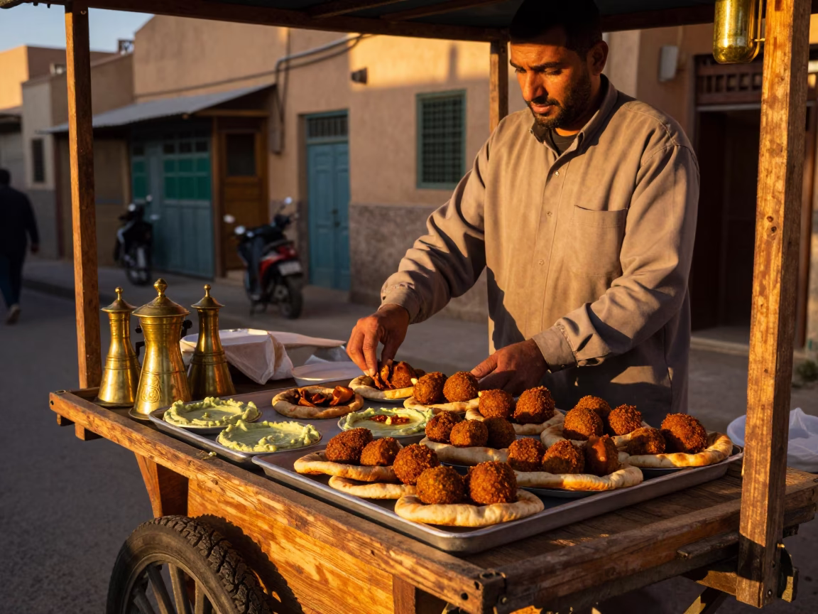Evening Street Scene in Fez Morocco with Brass Hardware and Falafel in in Fez, Morocco