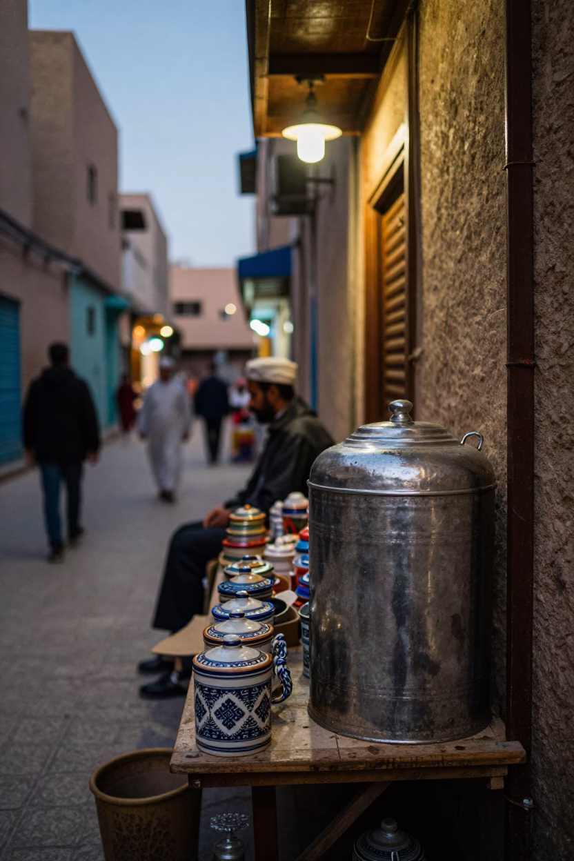 Evening Street Scene in Fez Morocco with Ceramic Storage Tins and Calligraphy Brush in in Fez, Morocco