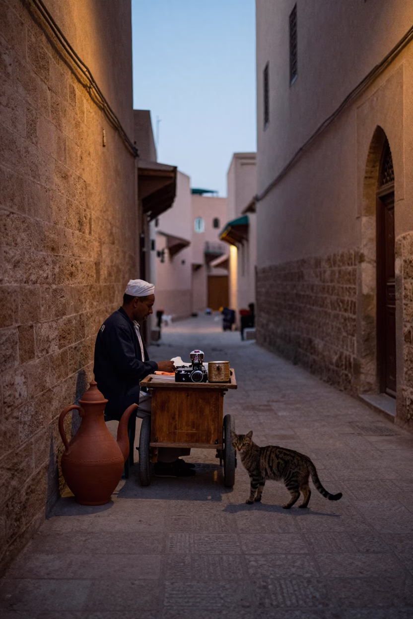 Evening Street Scene in Fez Morocco with Clay Teapot and Tabby Cat in in Fez, Morocco