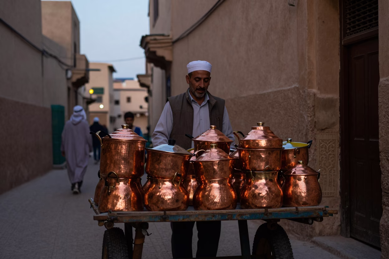 Evening Street Scene in Fez Morocco with Copper Cooking Pots and Lemons in in Fez, Morocco