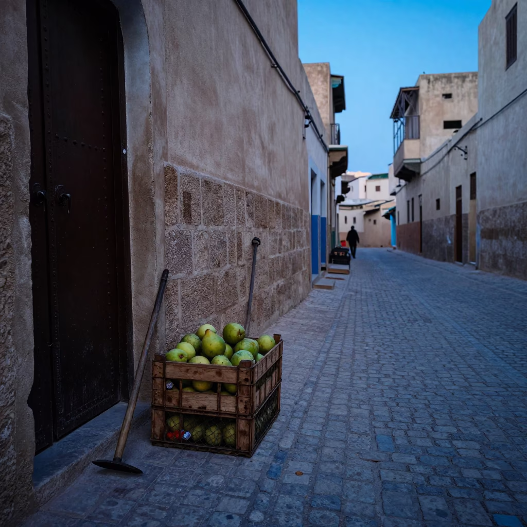 Evening Street Scene in Fez Morocco with Fruit Crate and Awl in in Fez, Morocco