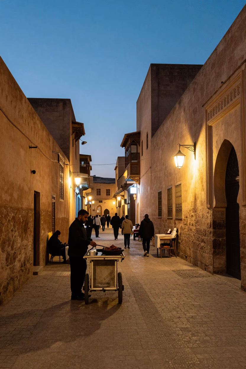 Evening street scene in Fez Morocco with glowing lights and local activity in in Fez, Morocco
