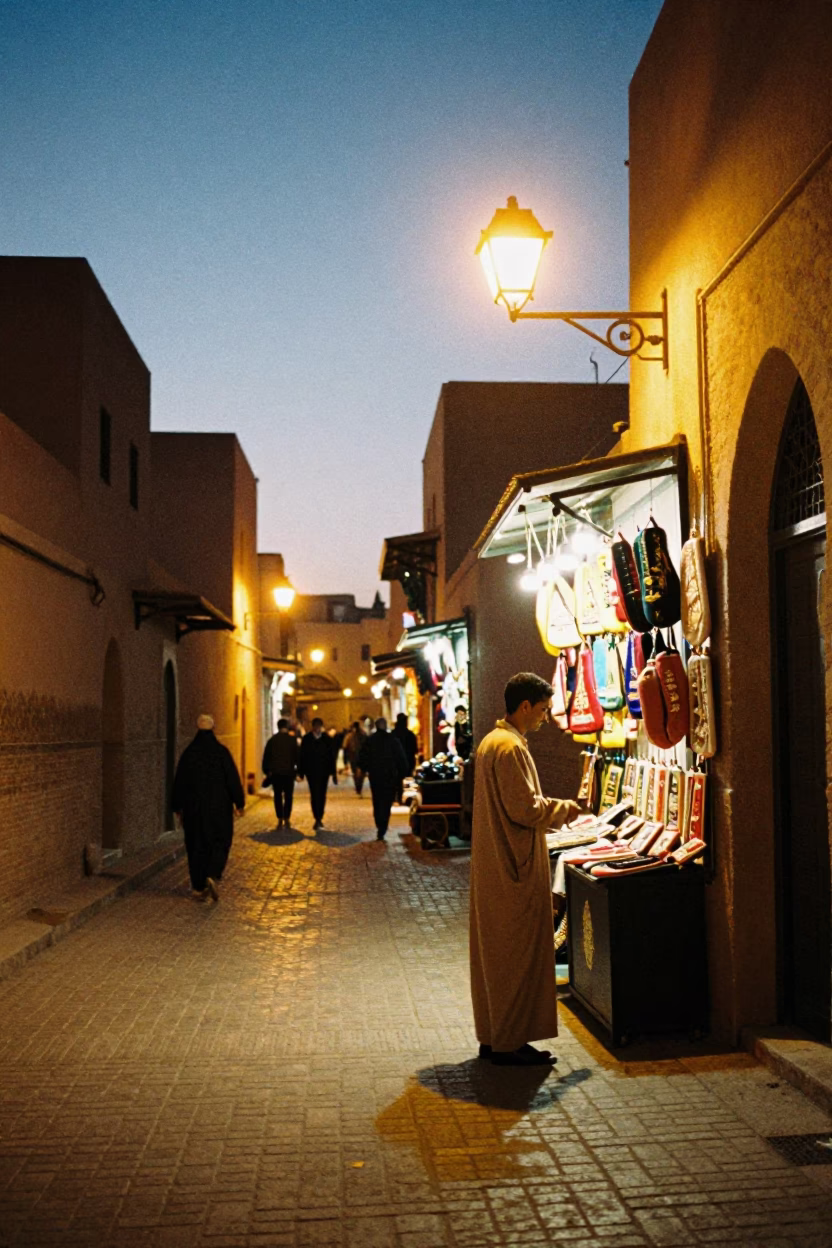 Evening street scene in Fez Morocco with glowing lights and traditional ceramics in in Fez, Morocco