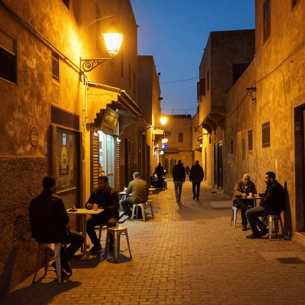 Evening Street Scene in Fez Morocco with Metal Stools and City Lights in in Fez, Morocco