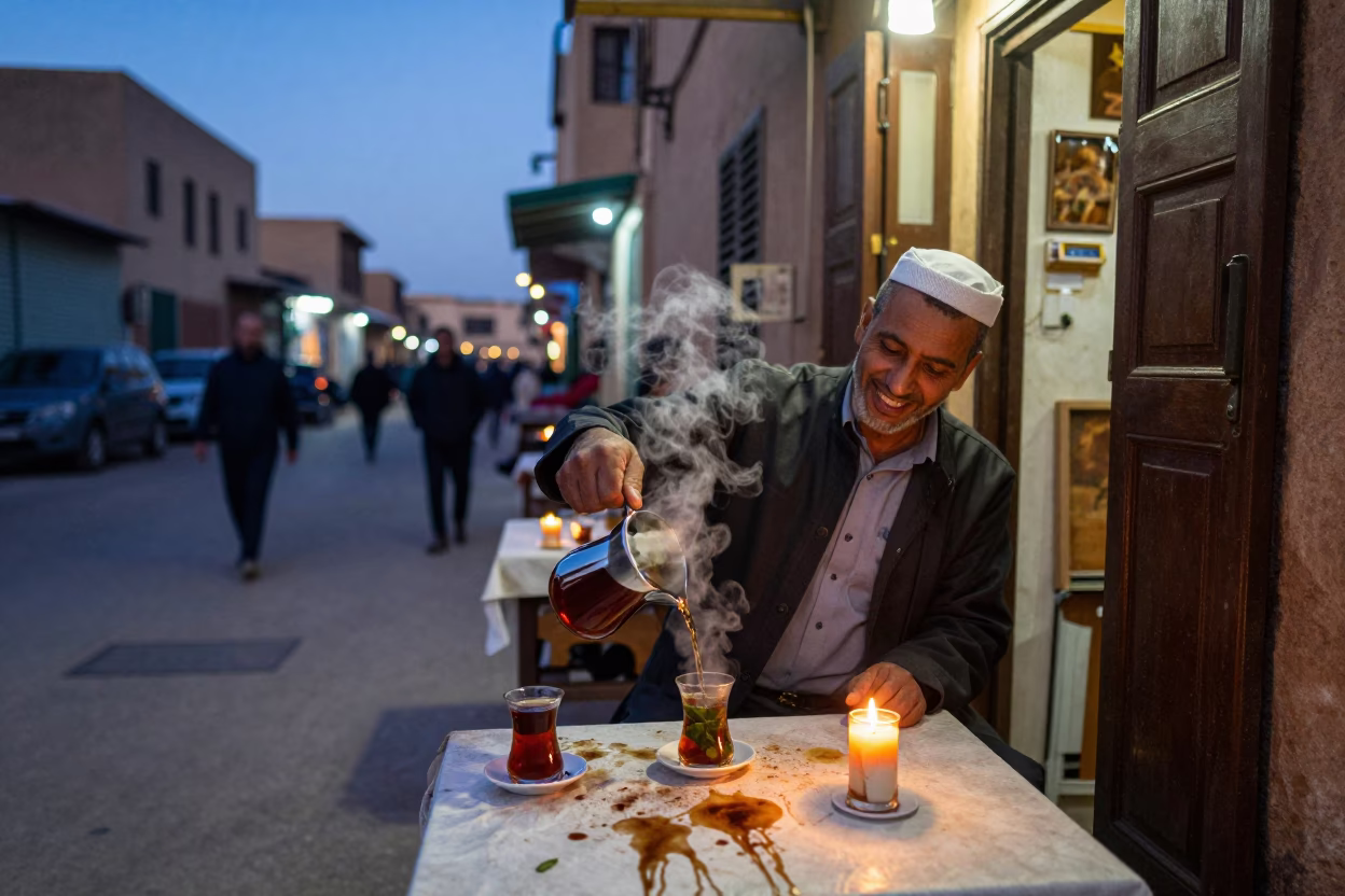 Evening street scene in Fez Morocco with tea stains and candlelight in in Fez, Morocco