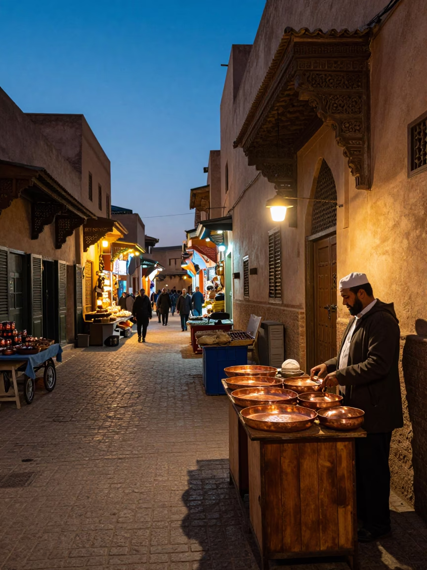 Evening Street Scene in Fez Morocco with Traditional Architecture and Market Activity in in Fez, Morocco