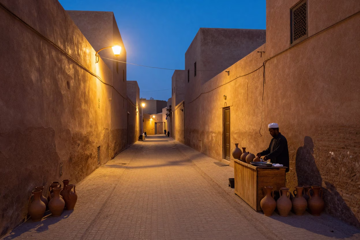 Evening Street Scene in Fez Morocco with Traditional Clay Pitchers and Linen Textiles in in Fez, Morocco