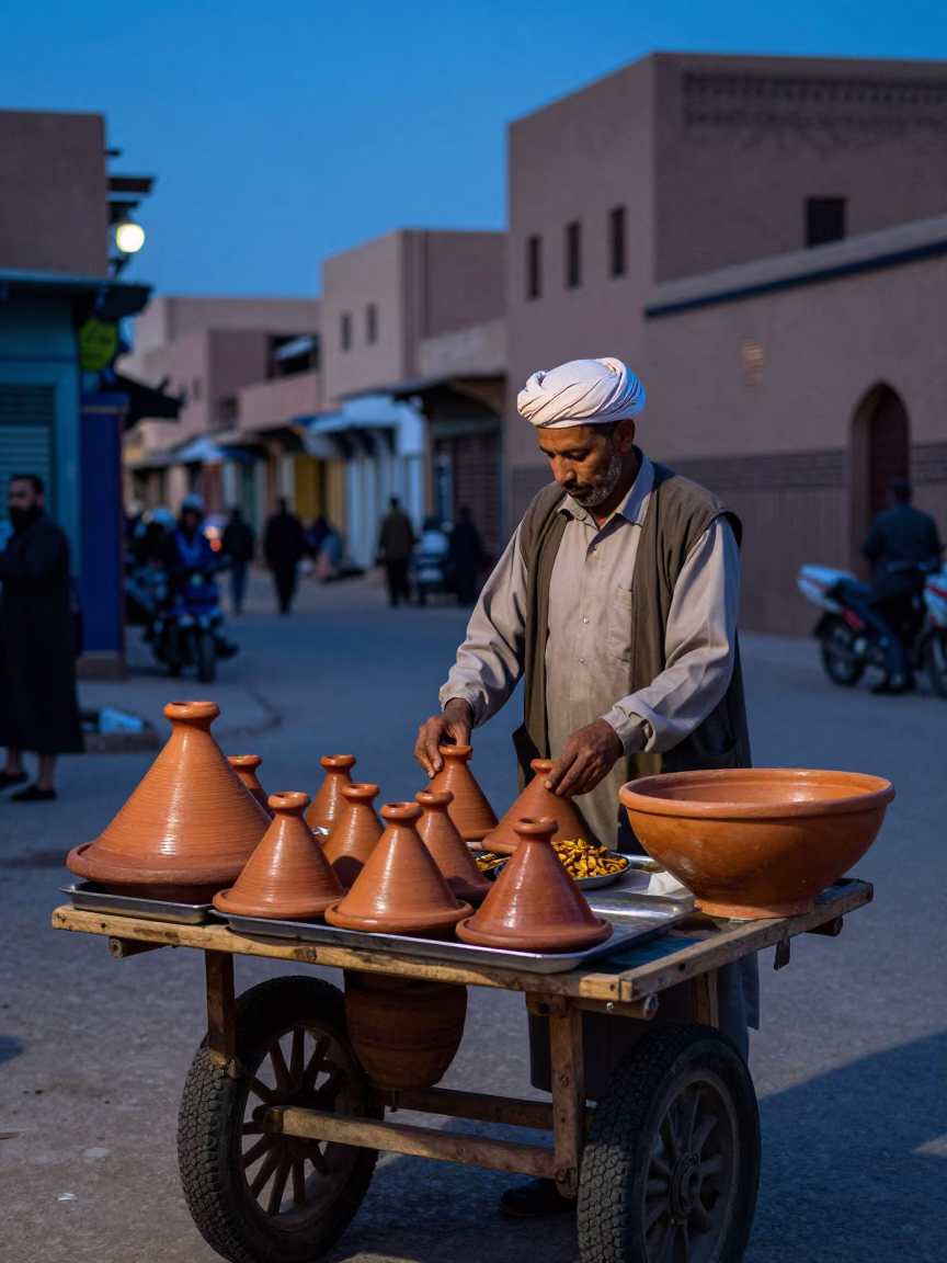 Evening Street Scene in Fez Morocco with Traditional Clay Tagine and Ceramic Bowl in in Fez, Morocco