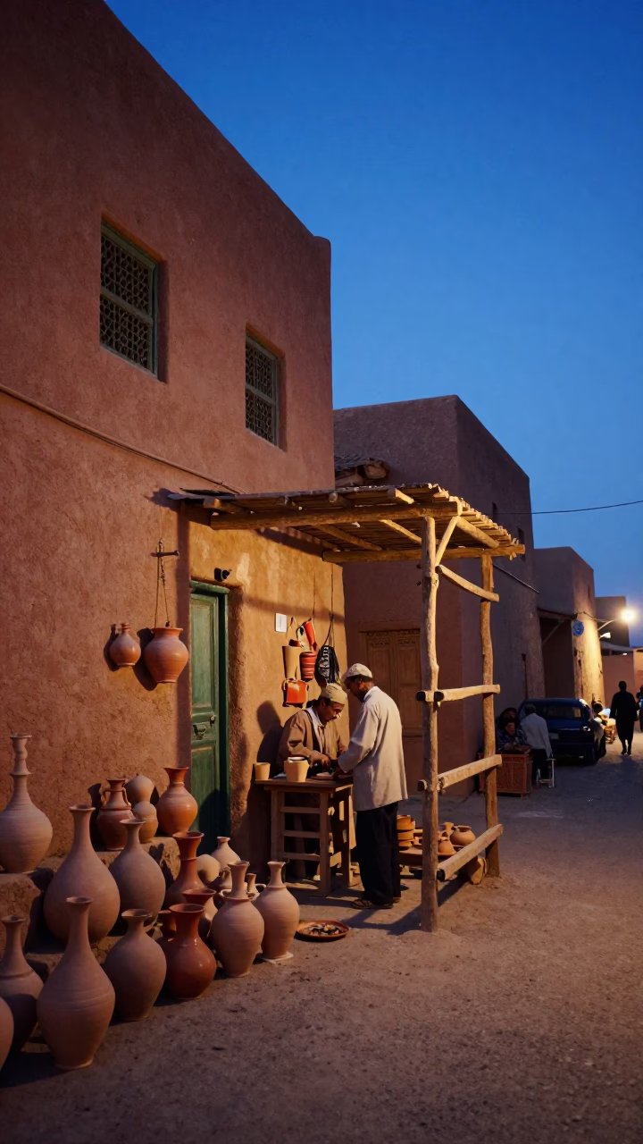Evening Street Scene in Fez Morocco with Traditional Pottery and Local Commerce in in Fez, Morocco