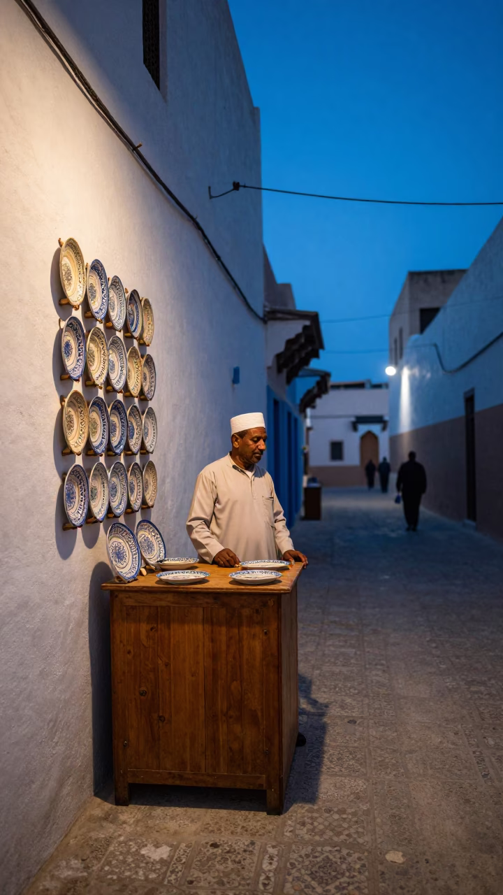 Evening Street Scene in Fez Morocco with Vintage Majolica Plate Display in in Fez, Morocco