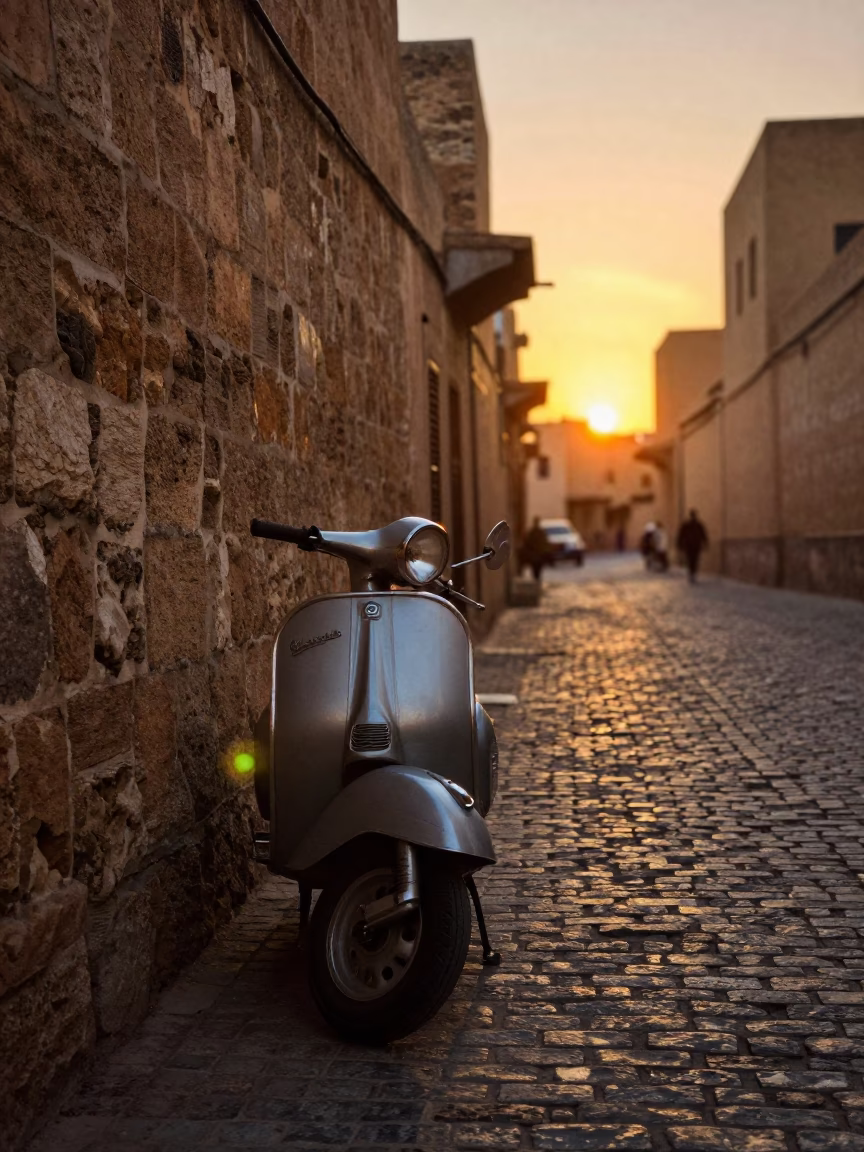 Evening Street Scene in Fez Morocco with Vintage Vespa on Cobblestone Lane in in Fez, Morocco